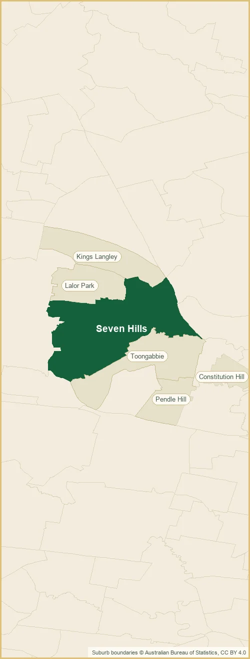 Map of the Seven Hills plumbing service area, covering Constitution Hill, Kings Langley, Lalor Park, Pendle Hill and Toongabbie