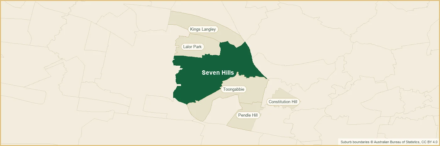 Map of the Seven Hills plumbing service area, covering Constitution Hill, Kings Langley, Lalor Park, Pendle Hill, Toongabbie, Constitution Hill, Kings Langley, Lalor Park, Pendle Hill, Toongabbie, Constitution Hill, Kings Langley, Lalor Park, Pendle Hill, Toongabbie, Constitution Hill, Kings Langley, Lalor Park and Pendle Hill